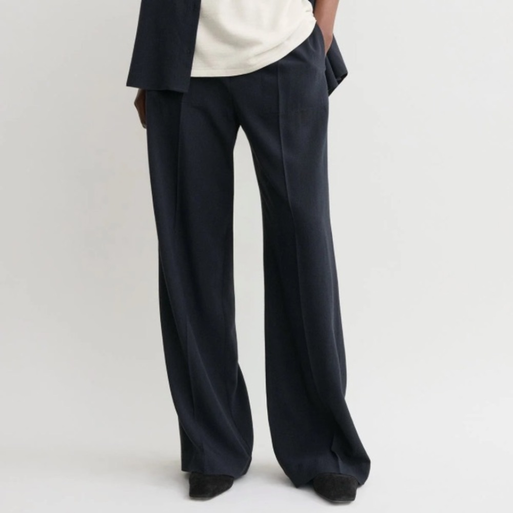 Nwt Toteme Fluid Winter Wool Pull On Baggy Wide Leg Trousers Pants Navy Blue